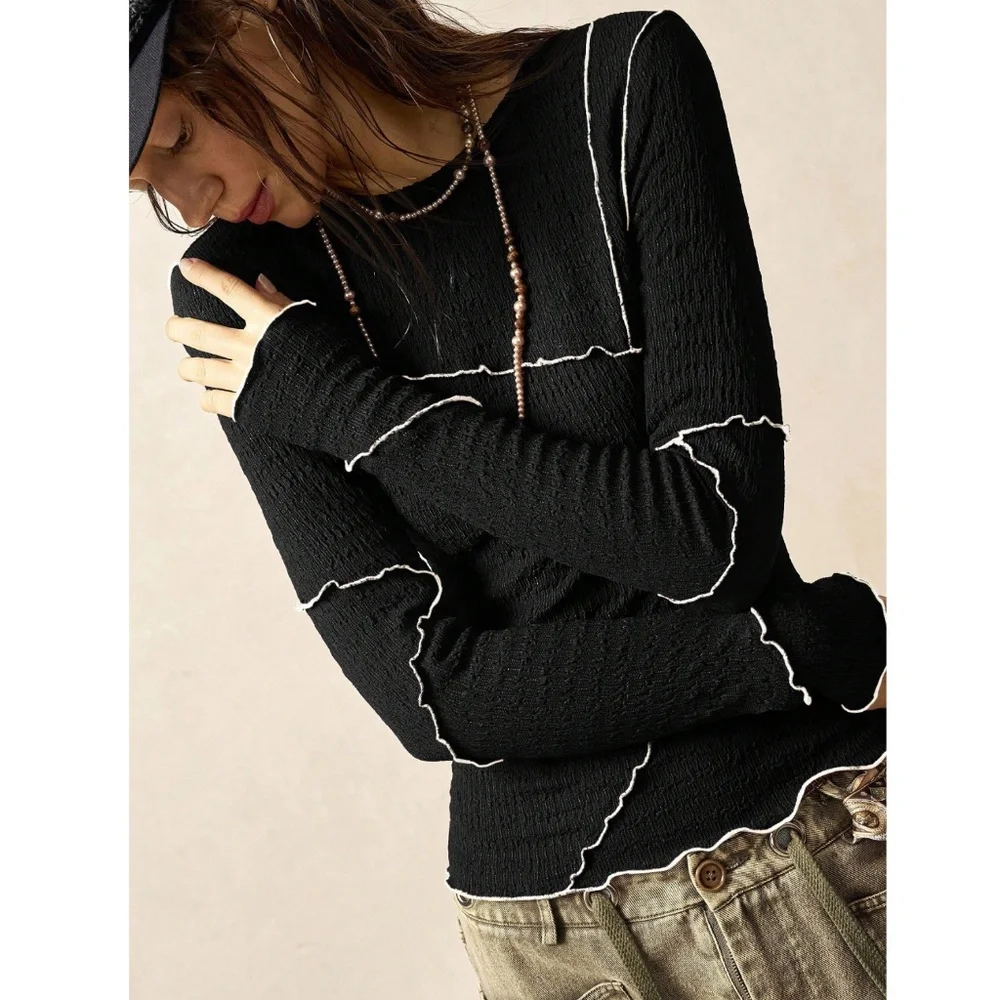 Black Long Sleeve Tee Contrast Outside Stitch Shirt